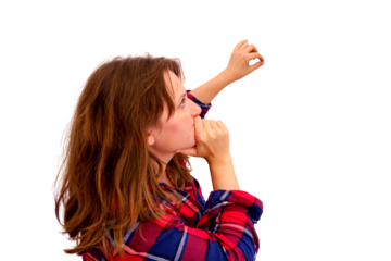 Woman thinking about turning on the switch in a household electrical panel, isolated on a white background