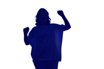 A woman is dancing near a dark window at night, low key silhouette, isolated on white background. Shadow of a female figure doing fitness against the background of a window curtain.