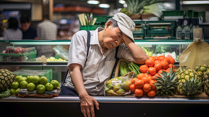 Asian man wearing white shirt and a towel on his head choosing fruit in a supermarket - obrazy, fototapety, plakaty