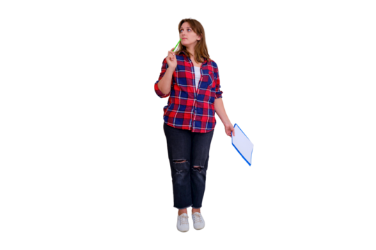 Inspection in a plaid shirt of the apartment in the new house for purchase or identification of defects in construction, isolated on a white background