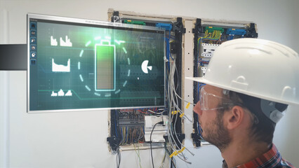 Electrical engineer checking data on a screen while installing electricity - 3d graphic