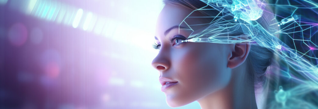 Portrait of a woman android humanoid artificial intelligence robot neon blue lights neurons. AI concept Networking - Powered by Adobe