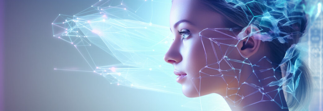 Portrait of a woman android humanoid artificial intelligence robot neon blue lights neurons. AI concept Networking - Powered by Adobe