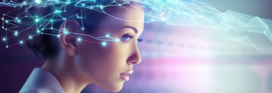 Portrait of a woman android humanoid artificial intelligence robot neon blue lights neurons. AI concept Networking