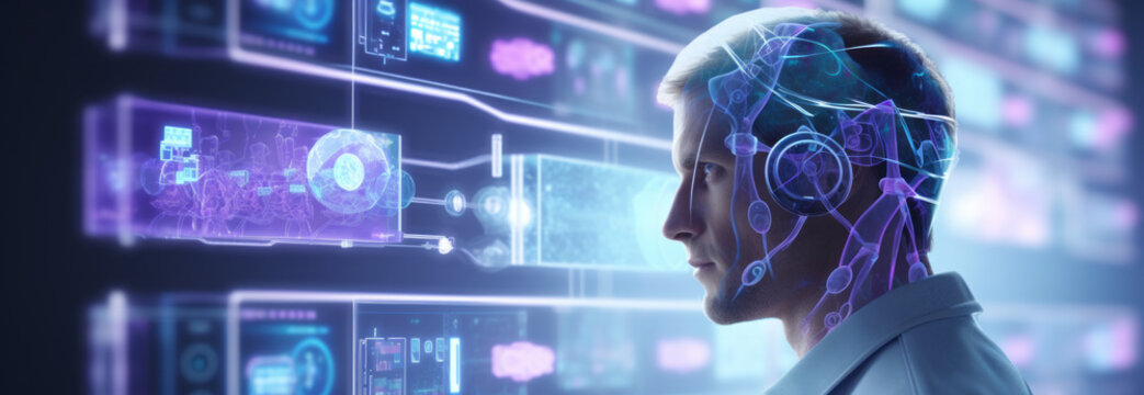 Portrait of a woman android humanoid artificial intelligence robot neon blue lights neurons. AI concept Networking