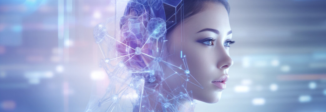 Portrait of a woman android humanoid artificial intelligence robot neon blue lights neurons. AI concept Networking