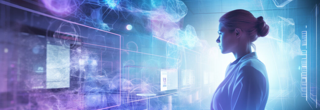 Portrait of a woman android humanoid artificial intelligence robot neon blue lights neurons. AI concept Networking - Powered by Adobe