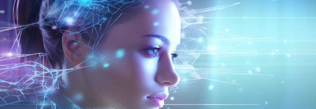 Portrait of a woman android humanoid artificial intelligence robot neon blue lights neurons. AI concept Networking - Powered by Adobe