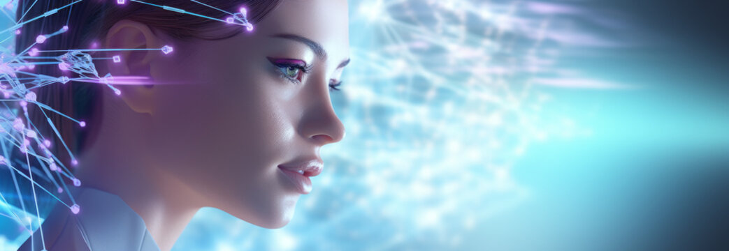Portrait of a woman android humanoid artificial intelligence robot neon blue lights neurons. AI concept Networking - Powered by Adobe