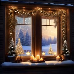 A window adorned with soft candles and glittering star decorations, symbolizing the warmth and enchantment of Christmas night, Generative ai