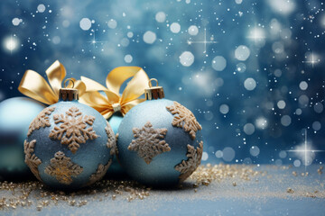 Blue christmas balls with brown ornaments and bows on glitter bokeh backdrop. Christmas holiday and festive decoration concept. Generative AI