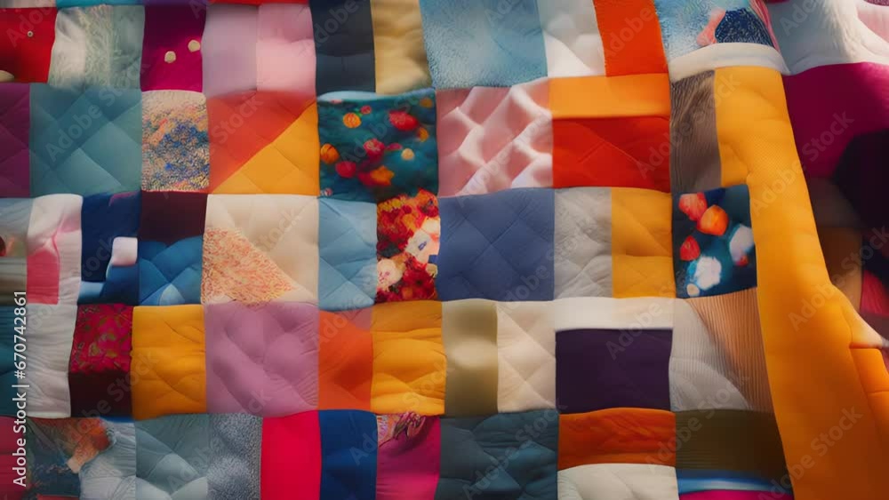 Poster closeup of a colorful patchwork quilt, each square telling a different story and inviting you to div