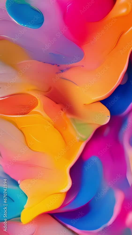 Poster closeup of a canvas filled with vibrant splatters of paint, each color blending and overlapping to c