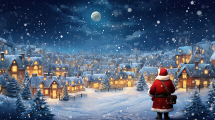 Beautiful Landscape of the Snowy Santa Claus Village At Night and Santa Claus Standing, Christmas Banner Background. Generative AI - obrazy, fototapety, plakaty