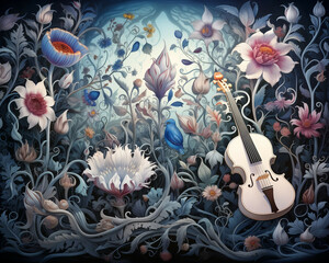 Mysterious garden with a blooming violin. Surreal, dreamlike art style