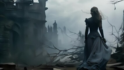 Closeup The wind howls through the decaying ruins of the castle, and with it, the mournful cries of the ghostly queen who still roams its halls in search of her lost love.