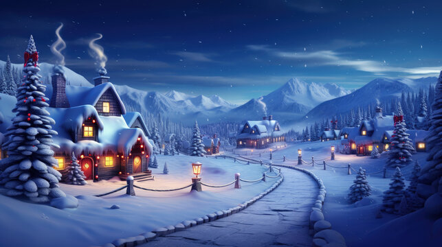 Beautiful Snowy Santa Claus Village At Night A Christmas Landscape For Holidays, Christmas Banner Background. Generative AI
