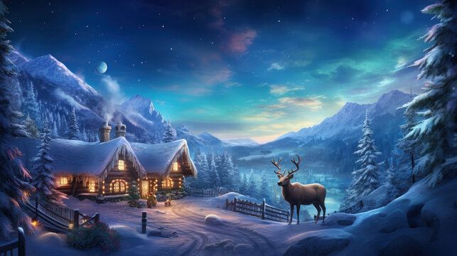 Beautiful Snowy Santa Claus Village At Night A Christmas Landscape For Holidays, Christmas Banner Background. Generative AI