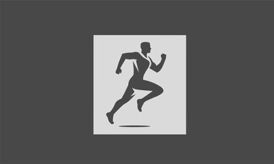Logo design of a black silhouette of a person running forward showing the spirit of running to achieve a goal. The running person logo symbol expresses energy, joy and freedom.