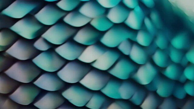 Closeup of a mermaids tail, glistening scales in shades of iridescent blue and green. The intricate patterns and textures are mesmerizing, and small fins twitch as if they have a life of
