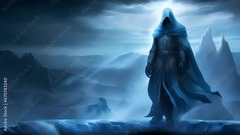 Poster closeup of a mysterious figure standing on the edge of a cliff, dd in a cloak of feathers and holdin