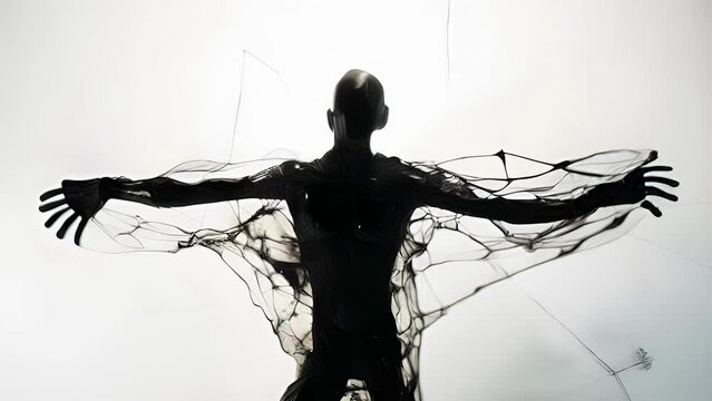 A distorted, faceless figure with long, spindly arms and legs, its body covered in a web of black s that pulse and throb as if alive.