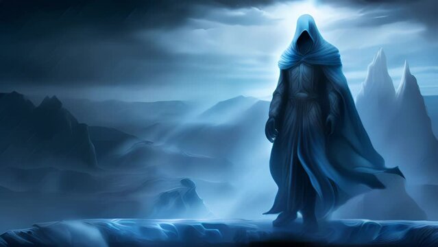 Closeup of a mysterious figure standing on the edge of a cliff, dd in a cloak of feathers and holding a staff with a glowing crystal at the top.