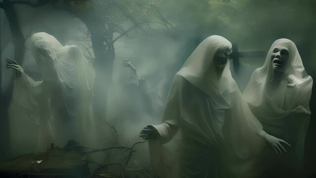 Closeup A of ghostly apparitions float above an old graveyard, their faces contorted in pain and sorrow as they relive their tragic deaths over and over again.