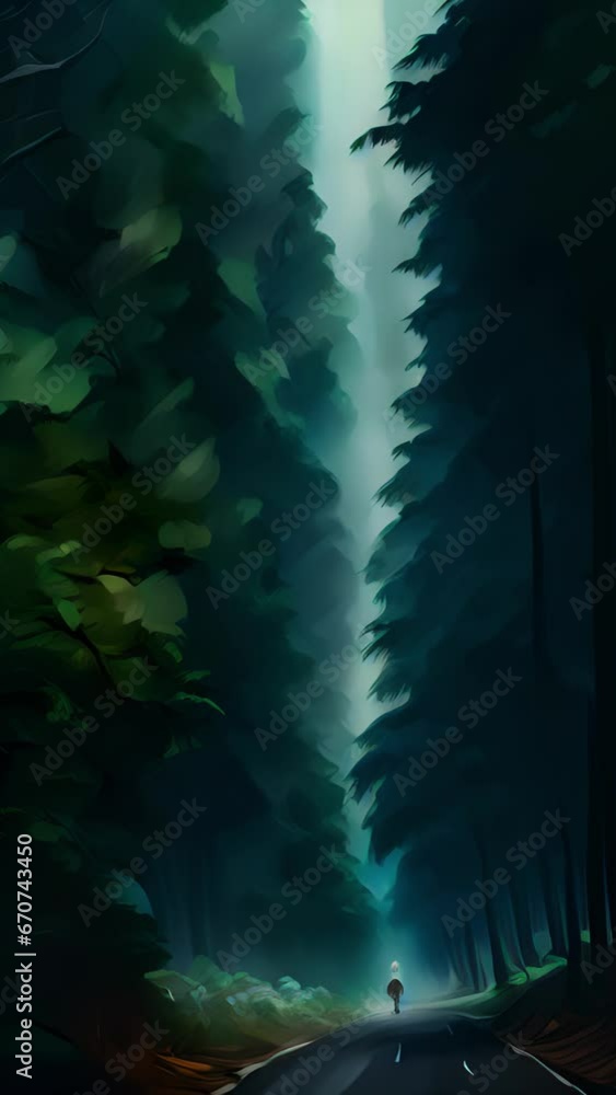 Poster closeup a thick, dense forest is captured from above, the tops of the trees ly visible through the m