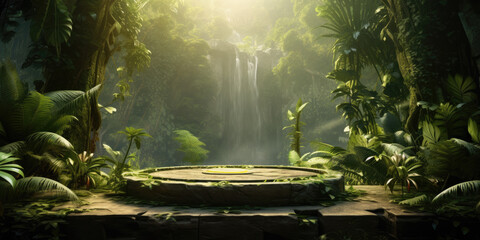 Product placeholder, Empty product, plinth,  amidst rainforest with shafts of light 