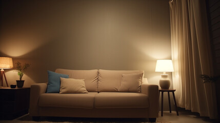 Stylish interior of living room at night. Stylish studio apartment interior beige sofa generative ai
