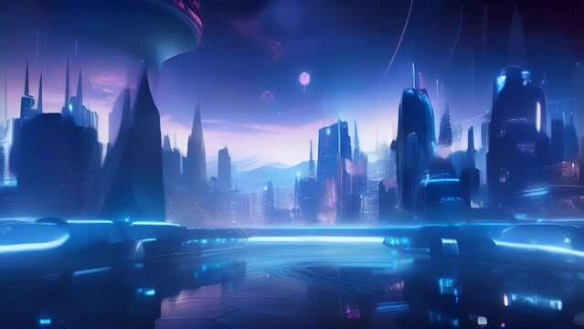 Closeup of a futuristic metropolis, where flying cars zoom between skysers that seem to touch the clouds and neon lights create a vibrant, electric atmosphere.
