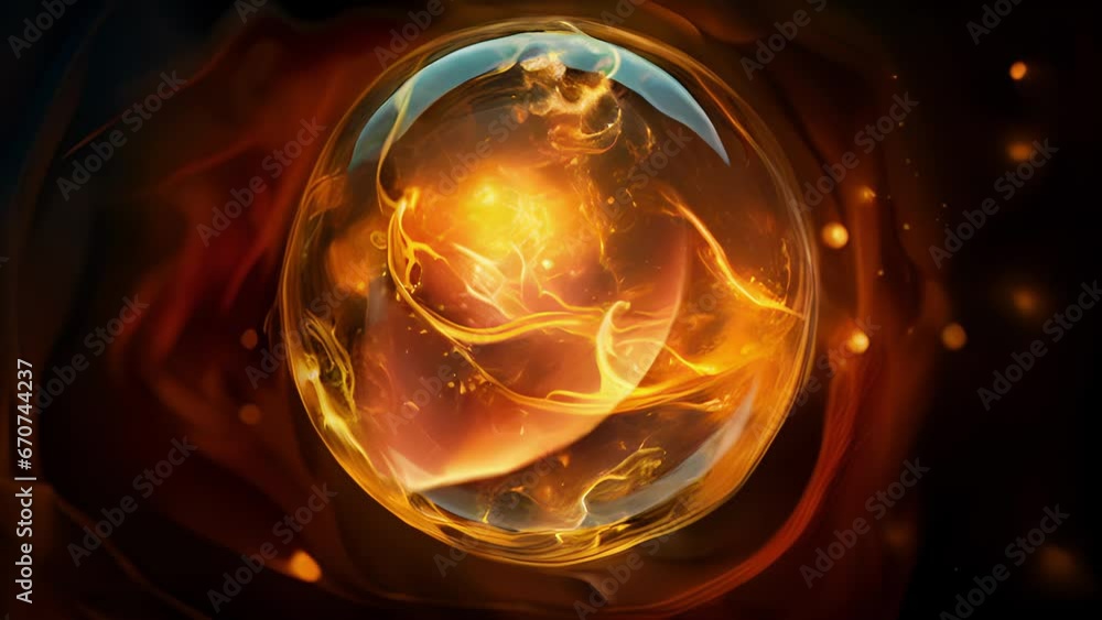 Poster closeup of a glowing orb, suspended in midair by an unseen force, with images and symbols swirling w