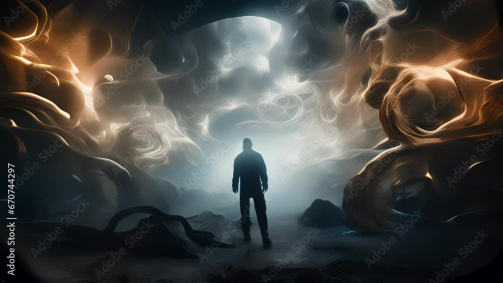 Poster closeup of a lone figure walking through a thick forest filled with twisted trees and shimmering lig