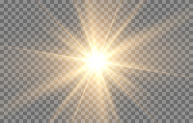 Vector light on isolated transparent background. Sun, rays of light png. Magic glow, golden light png.