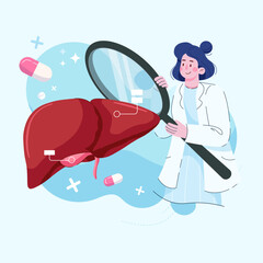 Researcher studying liver tissue. Consulting Doctor. Medical Scientist. Gastroenterology Hepatology. Flat Vector Illustration.