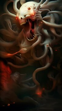 A closeup of a massive, mutated creature roiling with pure chaos. Its body seems to be made of intertwining tentacles and tendrils, and its gaping maw seems to consume all in its path.