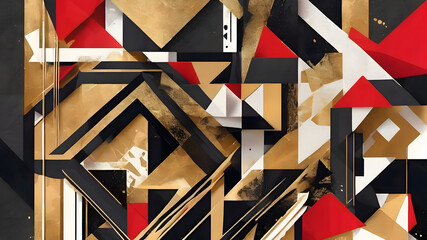 Abstract geometric art, gold, black, white and red shapes, room decoration, modern poster