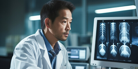 Medical Health Care: Asian Doctor Examining Patient's Lung X-ray - obrazy, fototapety, plakaty