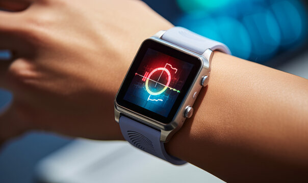 Smart Health: Woman Examining Pulse Trace on Her Digital Wristwatch