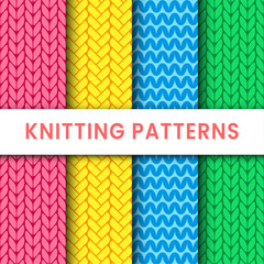Set of knitted seamless patterns in 4 colors. Warm woolen knitted fabric for winter. added to swatch palette. For backgrounds, packaging, wallpaper, wrapping paper, web page backdro and other designs.