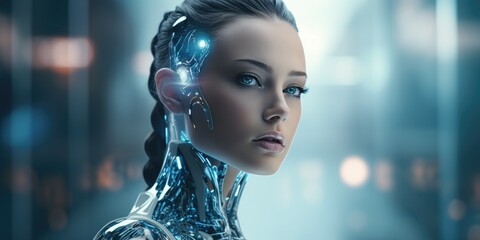Futuristic AI Android robot. Beautiful female woman cyborg - obrazy, fototapety, plakaty