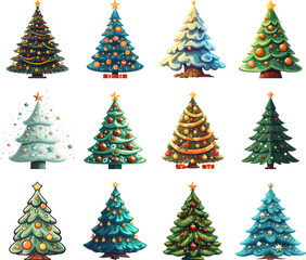 Fototapeta premium Christmas tree collection. Noel trees with stars balls garlands and gifts isolated, home happy xmas fir spruces vector set
