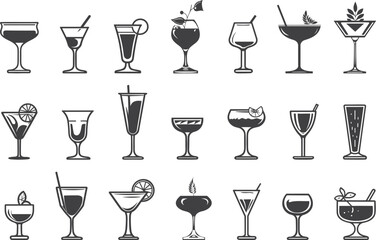 Cocktails black icons. Alcohol drinks glasses silhouettes isolated, alcoholic beverages vector outline signs