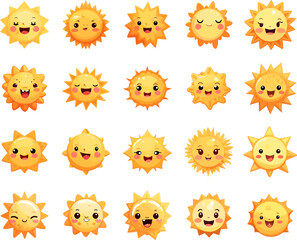 Cute smiling suns faces. Sunshine baby sun icons, funny sol children happy characters cartoon vector illustration