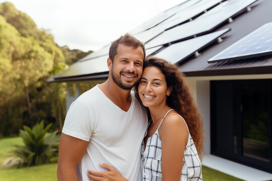 A American happy couple stands smiling in the driveway of a large house with solar panels installed. Brazilian couple