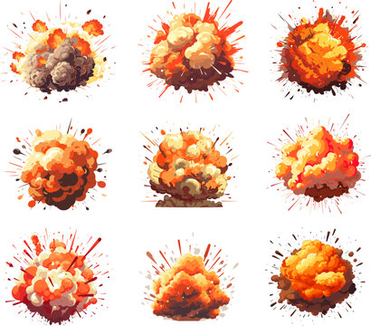 Explosions in cartoon style. Fire blasts isolated on white background, bomb flames bangs vector graphic