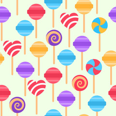 Colorful lollipop seamless pattern on green background. Bright assorted sweet repeat tile design. Party treat food wallpaper. Stick swirl striped candy wrapping paper Bonbon fabric vector illustration