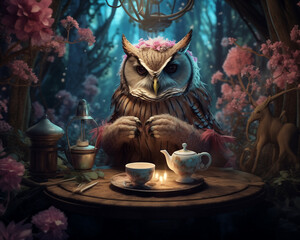An owl serving tea in a hidden forest cafe. Surreal, dreamlike art style