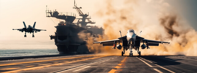 panoramic view of a generic military aircraft carrier ship with fighter jets take off during a special operation at a warzone, wide poster design with copy space area - Powered by Adobe